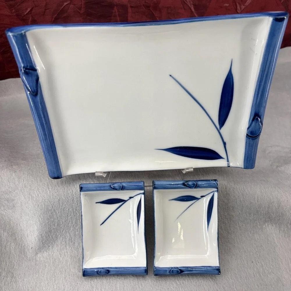 Vintage‎ Blue & White BAMBOO Design Sashimi Plate & Sauce Dishes 1970s Japan 3pc